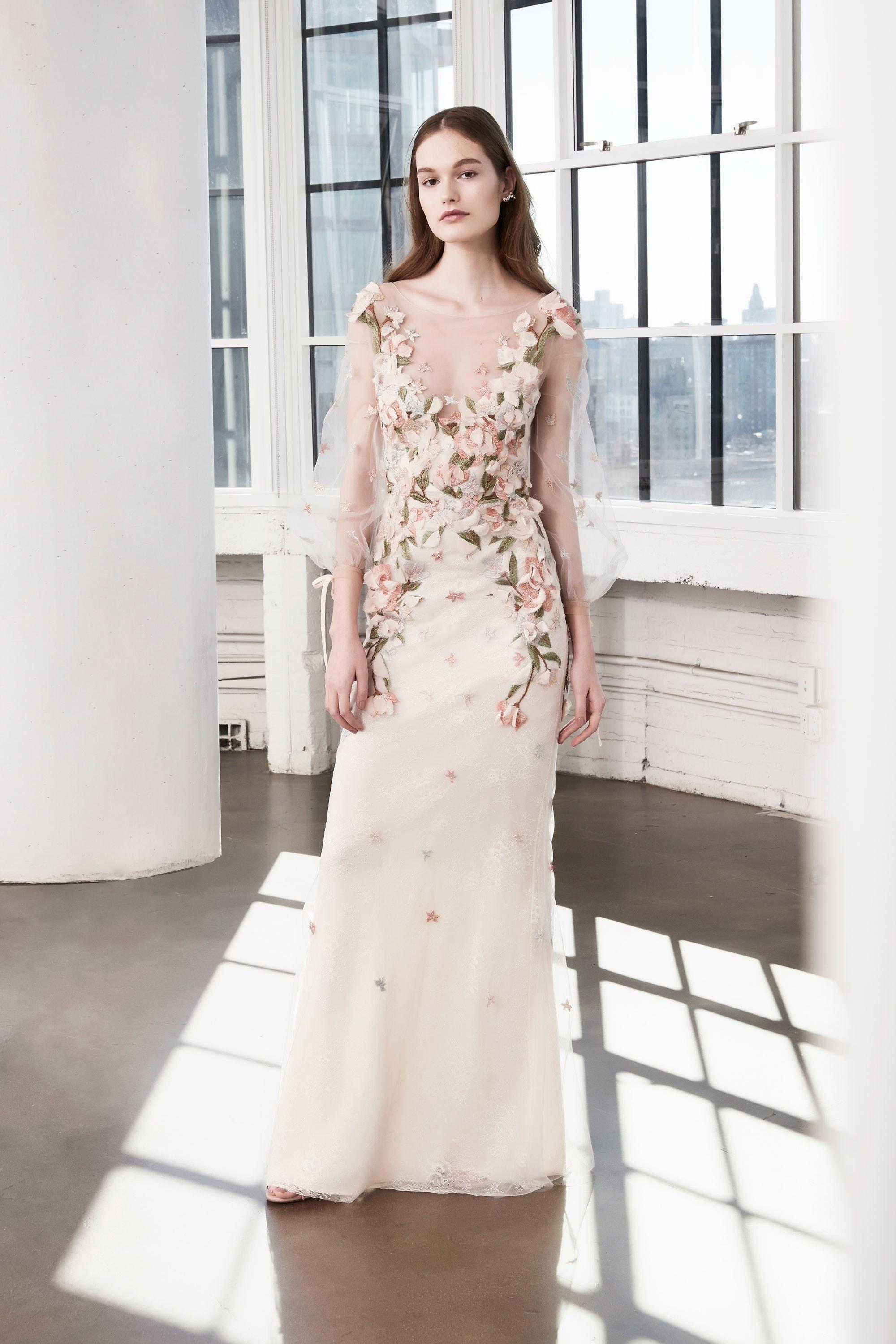 Marchesa Notte Bishop Sleeve Lace Evening Gown In Blush Modesens