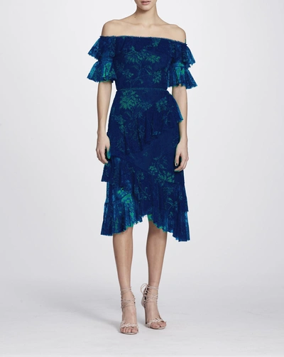 Shop Marchesa Notte Fall/winter 2018  Off The Shoulder Floral Cocktail Dress In Navy Blue