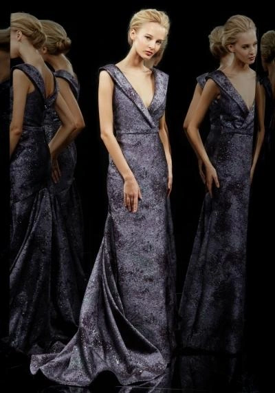 Shop Pamella Roland Pamella By  Jacquard Evening Gown In Dusty Purple