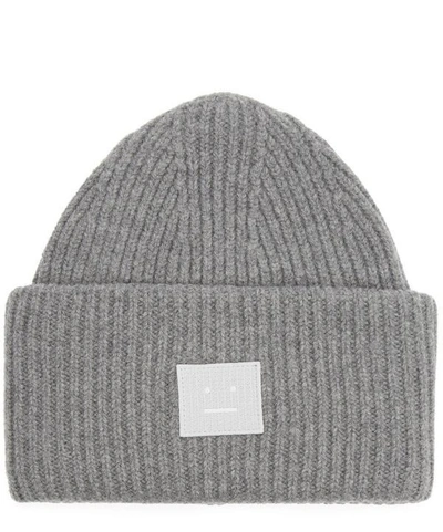 Shop Acne Studios Pansy Face Wool Beanie Hat In Grey