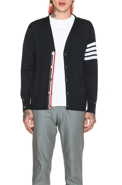 Shop Thom Browne Cashmere Cardigan With Bar Stripe Sleeve In Navy