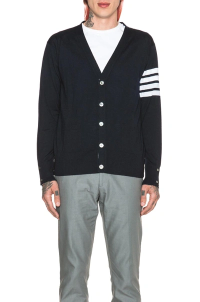 Shop Thom Browne Cashmere Cardigan With Bar Stripe Sleeve In Navy