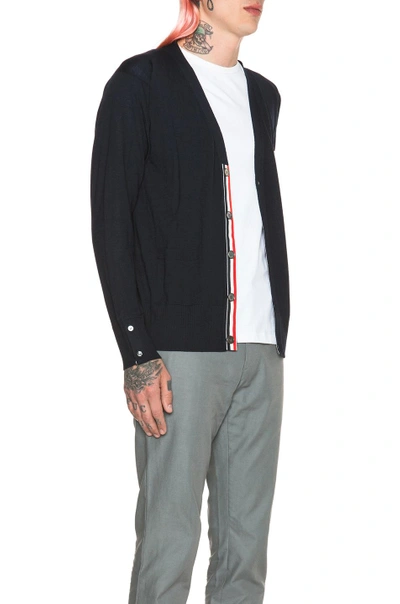 Shop Thom Browne Cashmere Cardigan With Bar Stripe Sleeve In Navy