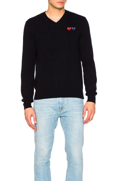 Shop Comme Des Garçons Play V Neck Double Emblem Sweater In Blue