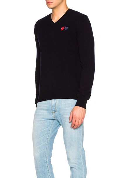 Comme Des Garçons Play V Neck Double Emblem Sweater In Blue