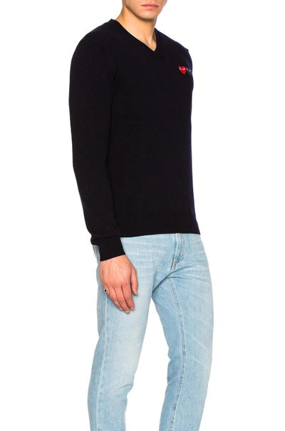 Comme Des Garçons Play V Neck Double Emblem Sweater In Blue