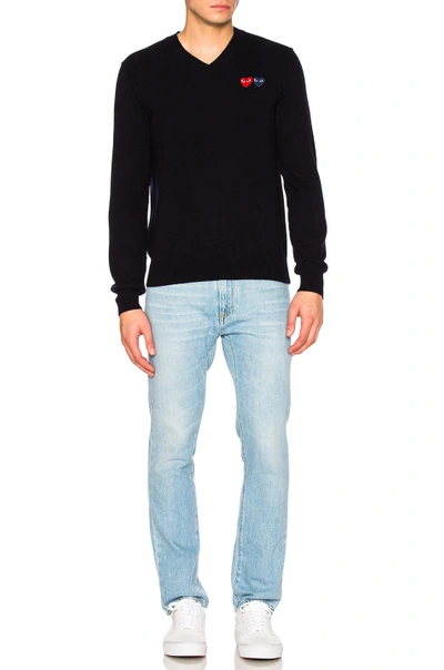 Shop Comme Des Garçons Play V Neck Double Emblem Sweater In Blue