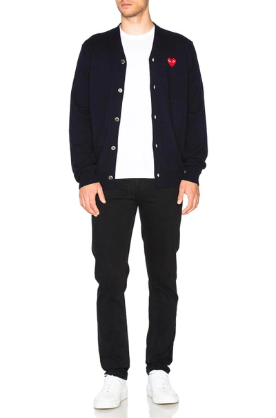 Shop Comme Des Garçons Play Lambswool Cardigan With Red Emblem In Navy