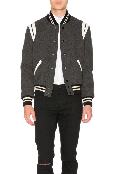 Shop Saint Laurent Teddy Bomber Jacket In Grey Melange