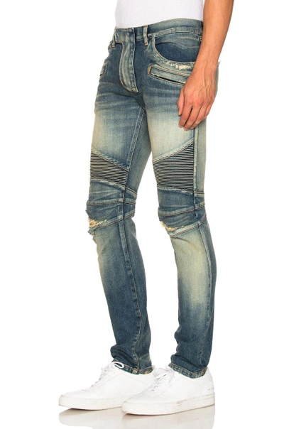 Shop Balmain Biker Stretch Jeans In Blue