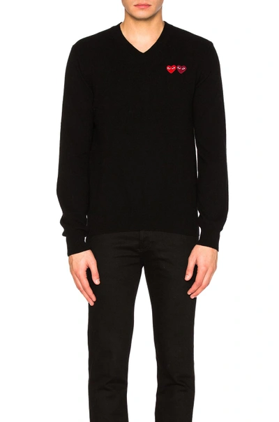 Shop Comme Des Garçons Play Comme Des Garcons Play V Neck Double Emblem Sweater In Black
