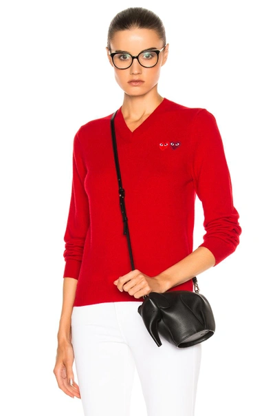 Comme Des Garçons Play Double Emblem V Neck Sweater In Red