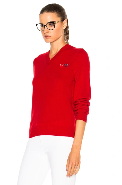 Comme Des Garçons Play Double Emblem V Neck Sweater In Red