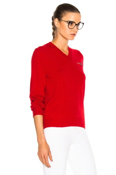 Comme Des Garçons Play Double Emblem V Neck Sweater In Red