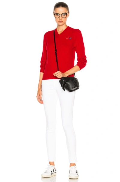 Comme Des Garçons Play Double Emblem V Neck Sweater In Red