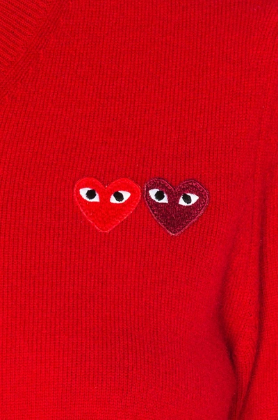 Shop Comme Des Garçons Play Double Emblem V Neck Sweater In Red