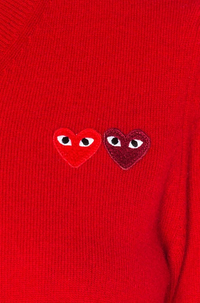 Comme Des Garçons Play Double Emblem V Neck Sweater In Red
