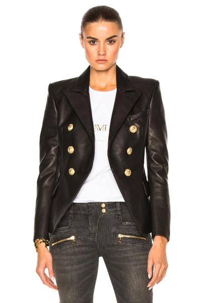Shop Balmain Double Breasted Leather Blazer In Black