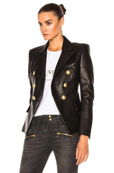 Shop Balmain Double Breasted Leather Blazer In Black