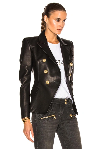 Shop Balmain Double Breasted Leather Blazer In Black