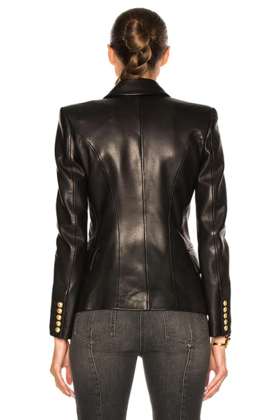 Shop Balmain Double Breasted Leather Blazer In Black