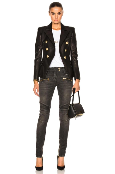 Shop Balmain Double Breasted Leather Blazer In Black