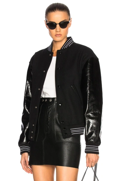 Shop Saint Laurent Leather Sleeve Teddy Bomber Jacket In Black