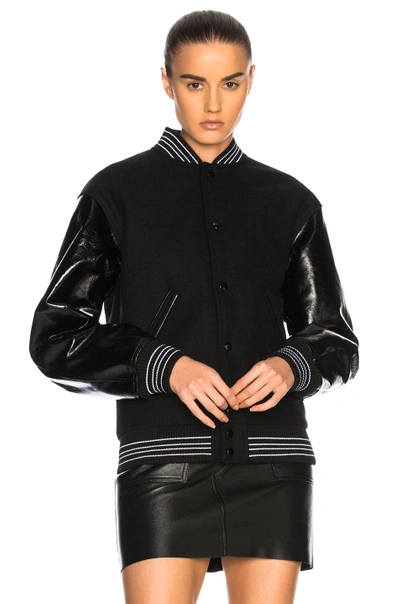 Shop Saint Laurent Leather Sleeve Teddy Bomber Jacket In Black