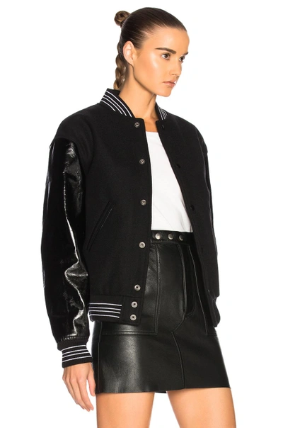 Shop Saint Laurent Leather Sleeve Teddy Bomber Jacket In Black