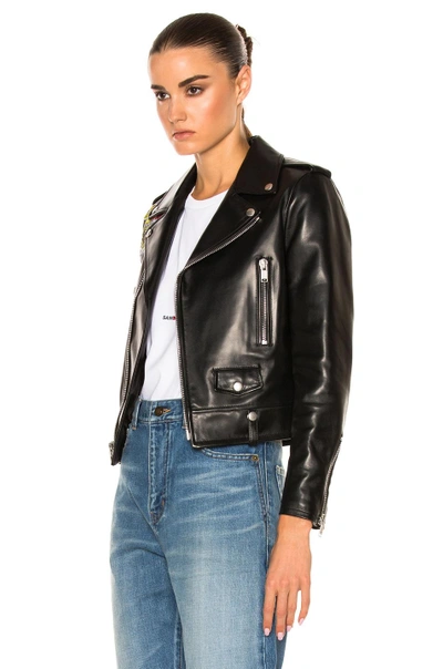 Shop Saint Laurent Embellished Embroidered Leather Motorcycle Jacket In Black