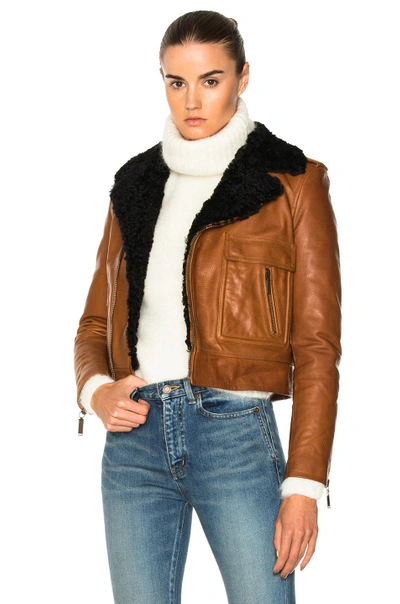 Shop Saint Laurent Lamb Shearling Trim Classic Motorcycle Jacket In Brown,neutrals