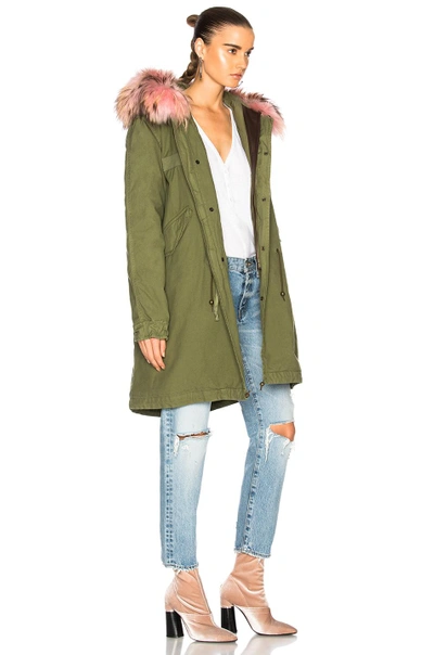 Shop Mr & Mrs Italy Army Quilted Canvas Parka With Raccoon Fur In Green,pink