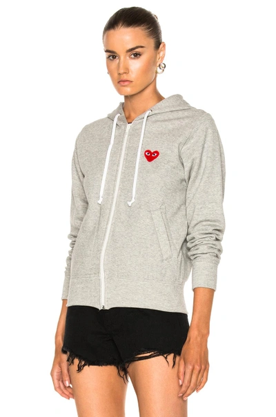 Shop Comme Des Garçons Play Zip Up Cotton Hoodie With Red Emblem In Top Gray