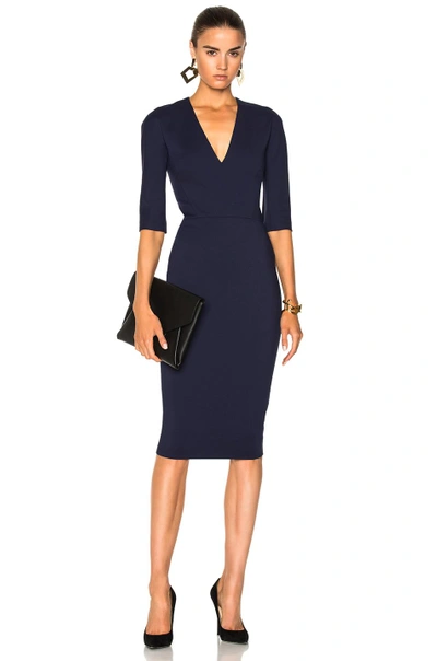 Shop Victoria Beckham Microbrush Cotton Mid Sleeve V Neck Fitted Dress In Blue