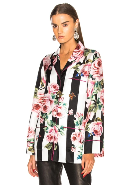 Shop Dolce & Gabbana Floral Striped Twill Pajama Top In Floral,white,pink,stripes