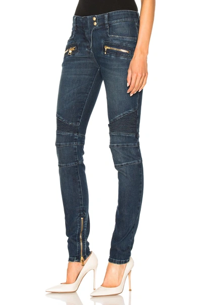 Shop Balmain Skinny Moto Jeans In Blue