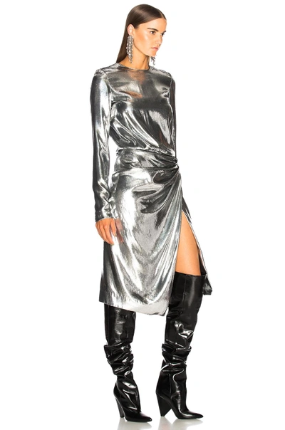 Shop Saint Laurent Metallic Velvet Midi Dress In Silver