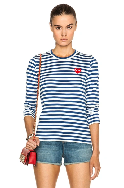 Shop Comme Des Garçons Play Striped Cotton Red Heart Tee In Royal Blue