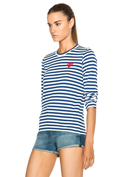 Shop Comme Des Garçons Play Striped Cotton Red Heart Tee In Royal Blue