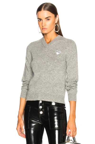 Comme Des Garçons Play Grey Heart Patch V-neck Sweater In Light Grey