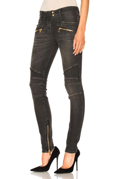 Shop Balmain Skinny Moto Jeans In Black,gray