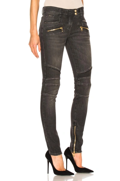 Shop Balmain Skinny Moto Jeans In Black,gray