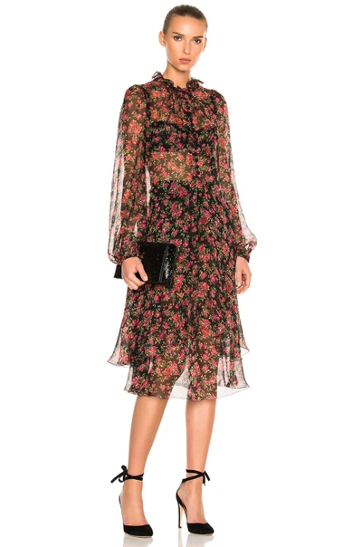 Shop Dolce & Gabbana Sheer Floral Long Sleeve Dress In Black,floral,red