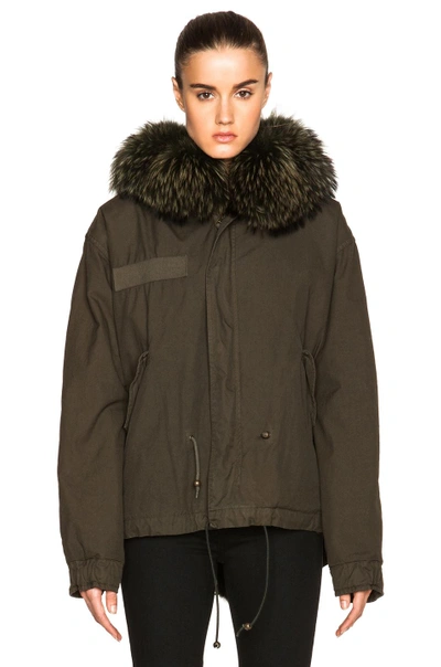 Shop Mr & Mrs Italy Mini Canvas Parka With Rabbit & Raccoon Fur In Green