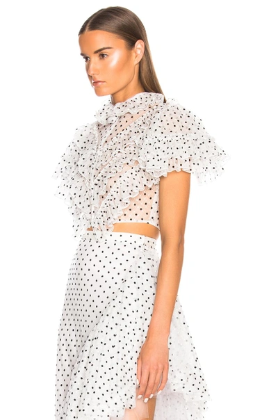 Shop Rodarte Flocked Tulle One Sleeve Cropped Blouse In Polka Dots,white