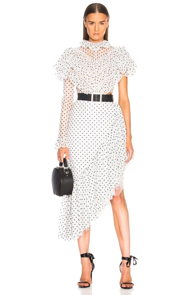 Shop Rodarte Flocked Tulle One Sleeve Cropped Blouse In Polka Dots,white