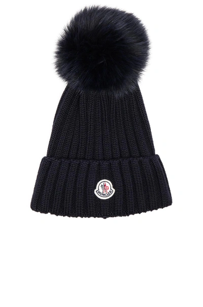 Shop Moncler Fur Pom Ribbed Beanie In Blue
