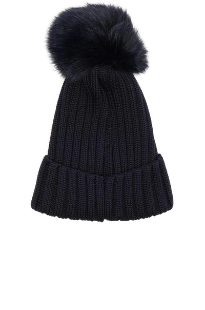 Shop Moncler Fur Pom Ribbed Beanie In Blue