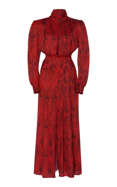 Shop Alessandra Rich Leopard Jacquard Crepe De Chine Pleated Dress In Red