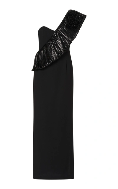 Shop Alessandra Rich Crepe Wool One Shouldered Dress In Black